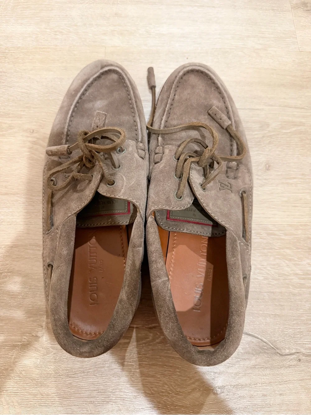 Louis Vuitton Men’s Suede Boat Shoes in Taupe with Red Soles